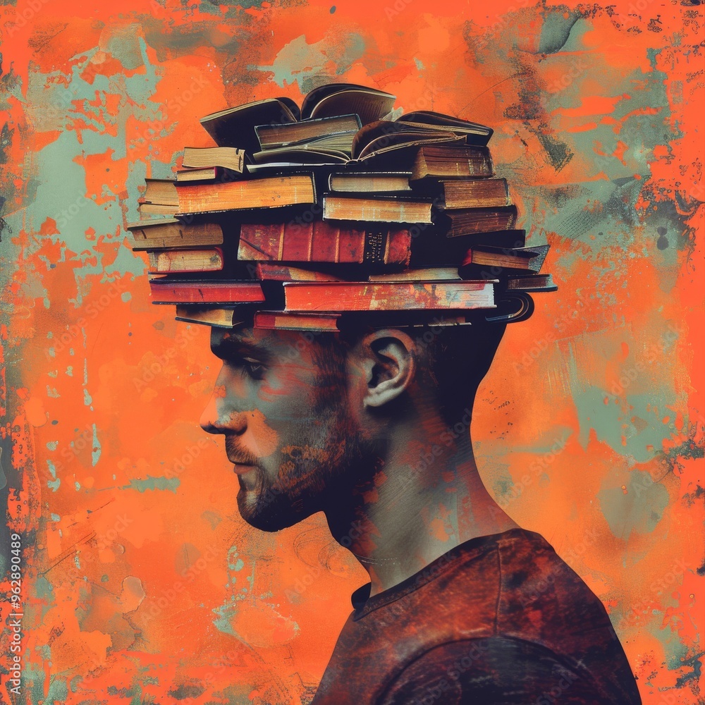 Poster profile view of a man with a head composed of stacked books, representing intellectual and education