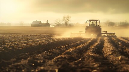 Fototapeta premium Tractor Plowing a Field at Sunset Rural Landscape Photography