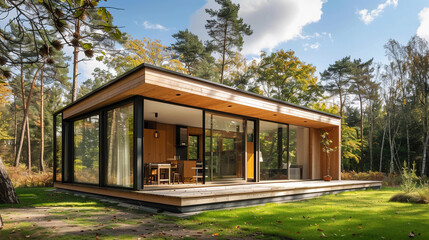 Fototapeta premium modern large tiny house with light wood in the forest
