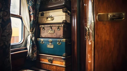 Fotobehang set of vintage travel trunks, stacked neatly in a corner of an old-fashioned luxury train cabin © Nattawaw bbt