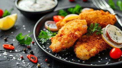 Crispy Breaded Fish with Lemon Wedges and Tomatoes Delicious Seafood Recipe