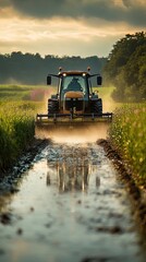 Fototapeta premium Farming tractor plowing and spraying on field 