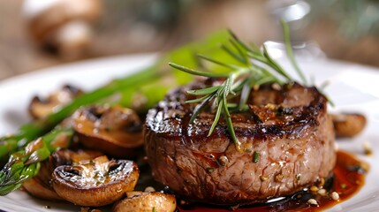 Grilled Steak with Mushrooms and Rosemary Food Photography