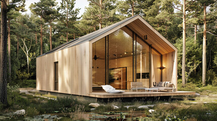 modern large tiny house with light wood in the forest