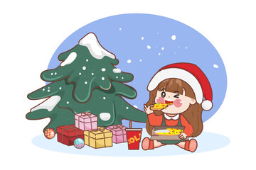 Cute little girl eating pizza at the Christmas tree and gift box. illustration premium vector design.