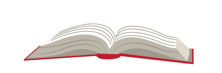 Open book with red cover. Opened notebook side view mockup. Knowledge, education, library, science and culture. Cartoon vector illustration isolated on transparent.