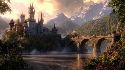 A fairytale castle sits on an island with a stone