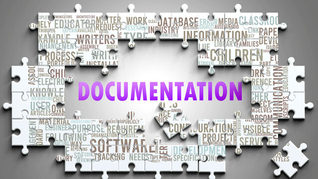 Documentation as a complex subject, related to important topics. Pictured as a puzzle and a word cloud made of most important ideas and phrases related to documentation. ,3d illustration
