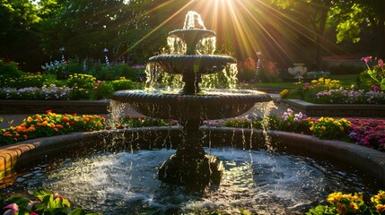 Serene Garden Fountain with Sunlight