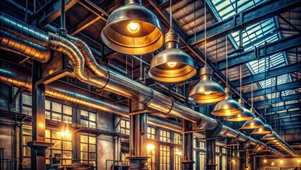 Fototapeta premium Moody industrial factory scene with exposed ductwork and warm golden lighting illuminated by suspended lamps