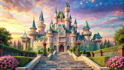 Fototapeta premium Whimsical Fairy Tale Castles: Enchanting, storybook-like settings with turrets, grand staircases, and lush tapestries evoking a sense of fantasy, romance, and wonder in a vibrant, pastel color scheme.