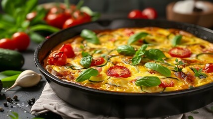 Fototapeta premium Zucchini Frittata with Tomatoes and Basil A Delicious and Healthy Recipe