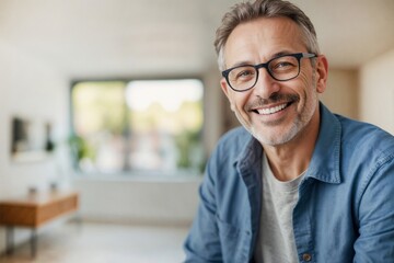 Portrait of happy man wearing glasses and a blue shirt is smiling and looks at the camera on a blurred background living room with copy space