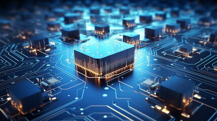 A stunning 3D rendering of a futuristic cityscape rising from a complex circuit board.