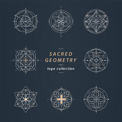 Geometric Sacred Patterns Collection. Mandalas, Hexagons, Triangles in Minimalistic Line Art for Cosmic and Spiritual Themed Designs and Illustrations. Logotype with geometric sacred patterns