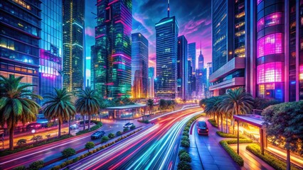 Obraz premium Vibrant futuristic roadblock neon lights glowing cityscape bustling street urban jungle concrete jungle night time long exposure blur streaks colorful modern architectural