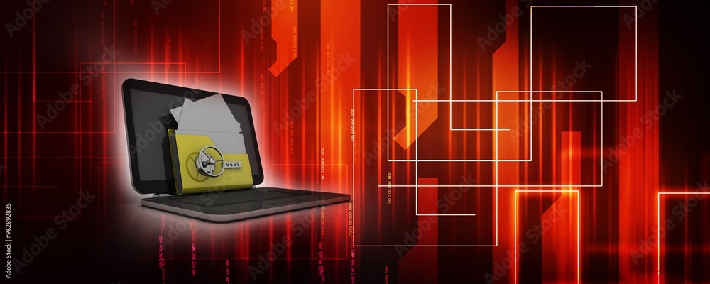 Poster 3d rendering yellow folder and lock on laptop. data security concept