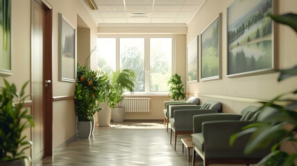 Modern Hospital Waiting Area Interior Design with Green Plants and Natural Light