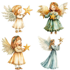 Fototapeta premium Collection of Christmas Angels with Festive Decorations Isolated on Transparent Background