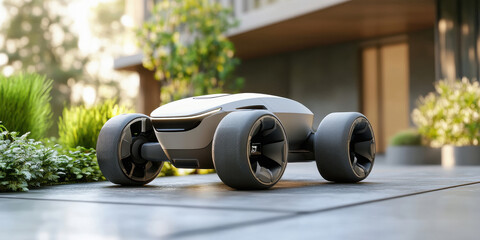 Concept car design of an electric road-hugging, gardening robot with large wheels, a futuristic...