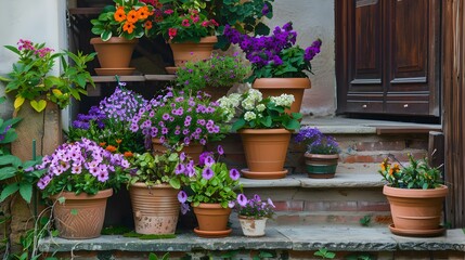 Vibrant Flower Pots on Garden Steps