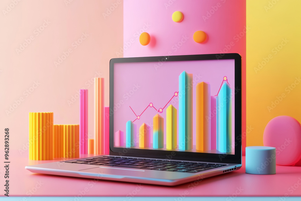 Poster colorful workspace with a laptop displaying vibrant bar graphs and charts against a pastel backdrop 