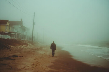 A sad man walking on the beach, foggy weather with beautiful look. Created with Ai