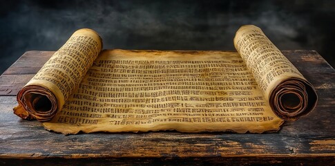 Fototapeta premium A large, open scroll with the text of ancient cuneiform written on it lies flat and unrolling against an old wooden table