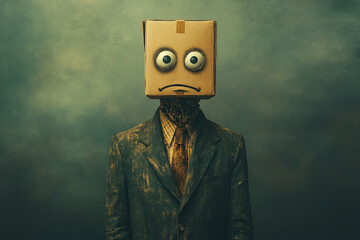 A man standing and having a face mask with eyes and sad expression. Created with Ai