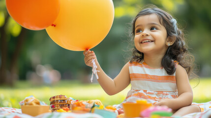 a delightful scene of a little indian girl enjoying a picnic in a park, holding onto her balloon.