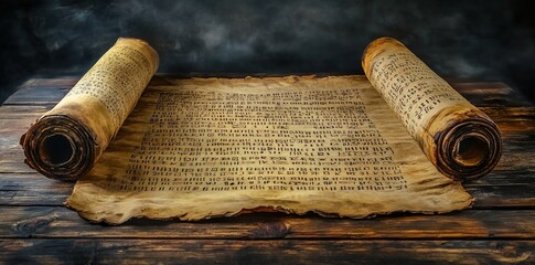 Fototapeta premium A large, open scroll with the text of ancient cuneiform written on it lies flat and unrolling against an old wooden table