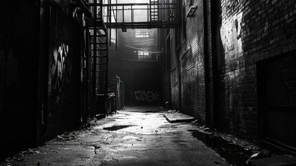 Fototapeta premium A dark, narrow alleyway with brick walls.