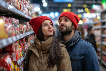 Fototapeta premium Young couple shopping for holiday decorations in a store filled with festive items during winter in a cozy atmosphere