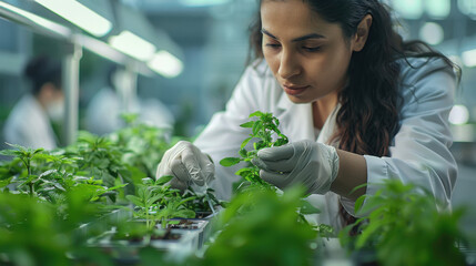 young Indian scientists analyzing plants at laboratory