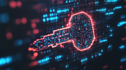 Fototapeta premium A close-up of a digital key symbol with encrypted data in the background, signifying data security and access control