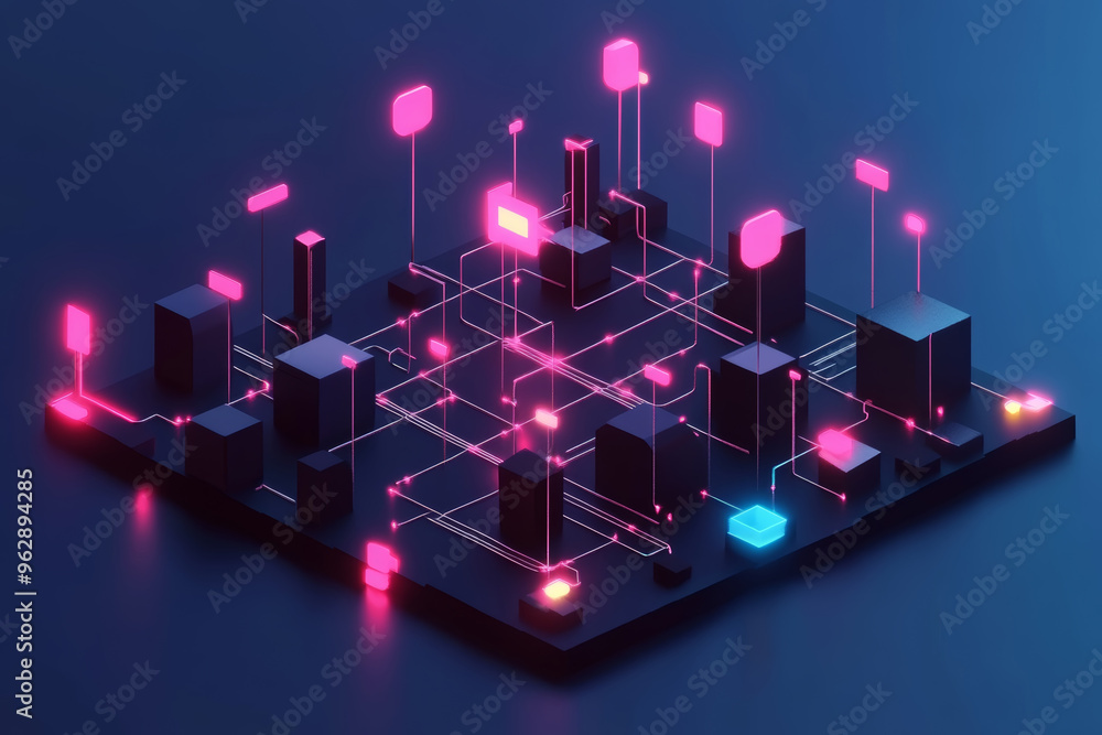 Poster a vibrant digital network with glowing nodes and connections illustrating contemporary data flow in 