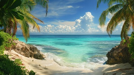 Tropical beach with palm trees, turquoise water, and white sand.