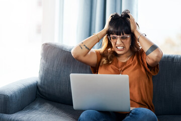Remote work, woman and angry with laptop for glitch, technical issues and slow connection of...