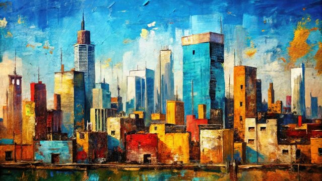 abstract expressionist artwork bold vibrant colors blending merging rough textured canvas-like wall bold brushstrokes urban cityscape modern architecture clear blue sky