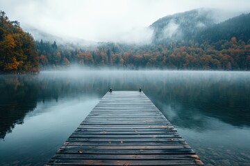 Misty lake, wooden dock, autumn trees.