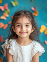 Indian little girl wearing a white dress, cute smiles and dimples, surrounded by colorful butterflies.