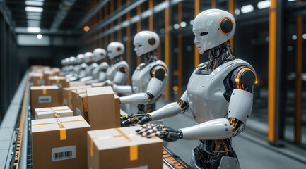 Robots working on conveyor belt in warehouse