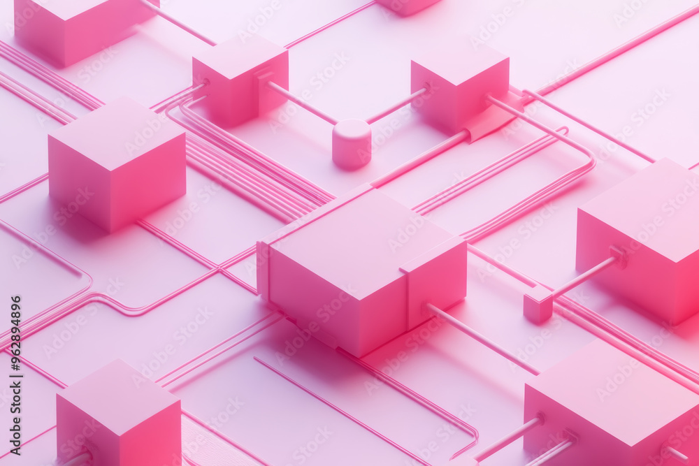 Poster abstract geometric design featuring interconnected pink cubes and lines on a light background