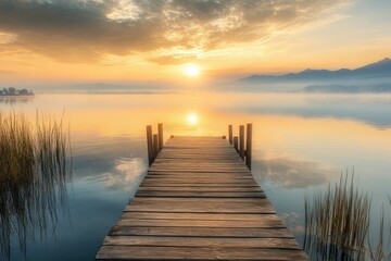 Obraz premium Wooden dock extends towards a sunrise over a foggy lake.