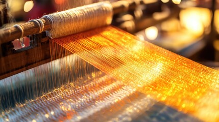 Detailed view of a Kanchipuram silk sari being woven on a handloom, highlighting the craftsmanship of Tamil Nadua textile artisans.