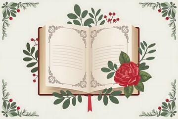 Beautiful Digital Illustration of Open Book with Red Rose and Greenery