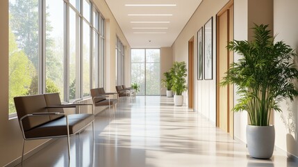 Fototapeta premium A modern hospital corridor with a bright, serene waiting area offering comfort and calm to patients.