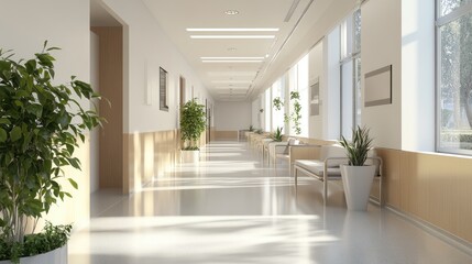 A modern hospital corridor with a bright, serene waiting area offering comfort and calm to patients.