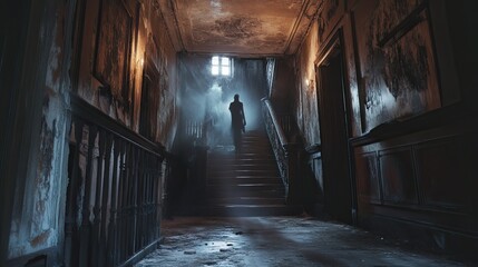 Ghostly apparitions wandering through an abandoned Victorian mansion at midnight