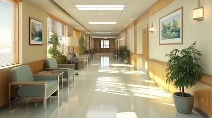 Fototapeta premium A peaceful hospital corridor with comfortable seating and bright lighting, offering a modern, welcoming waiting space.
